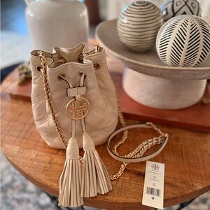 Tory Burch Cream Quilted Mini Bag with Gold Chain